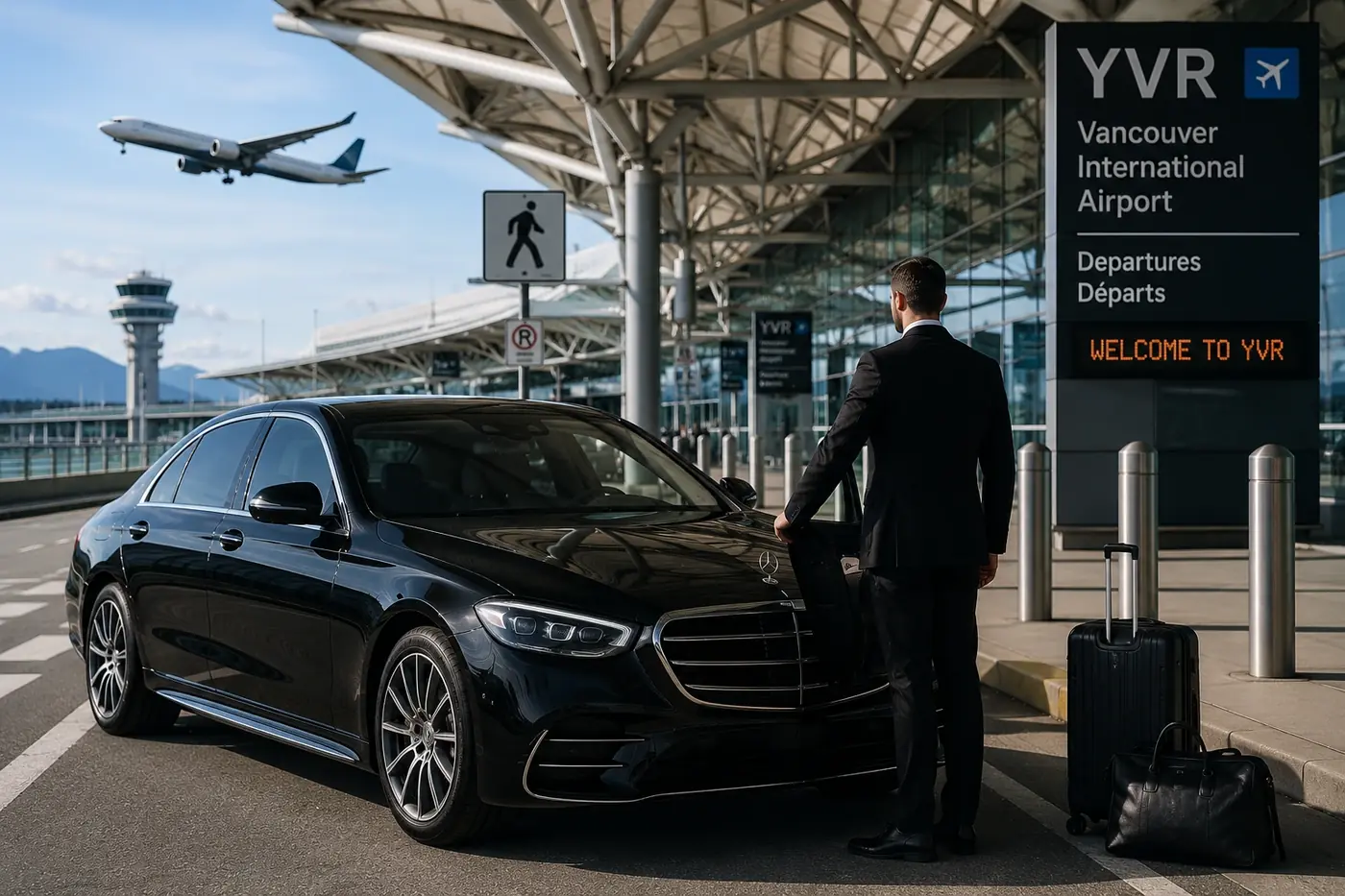 Executive black car outside Vancouver International Airport